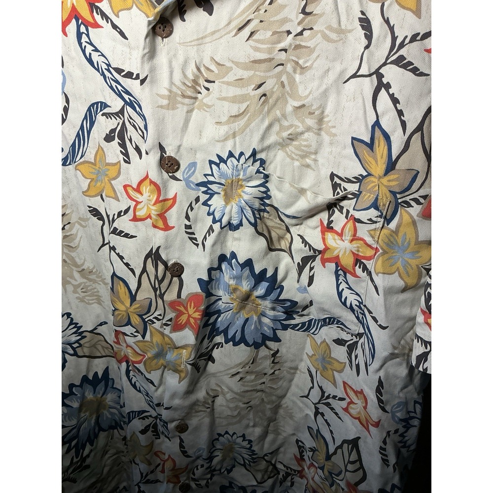 Nautica Mens 100% Silk Aloha Hawaiian Shirt L Floral Blue Beige Short Sleeve - Picture 3 of 6